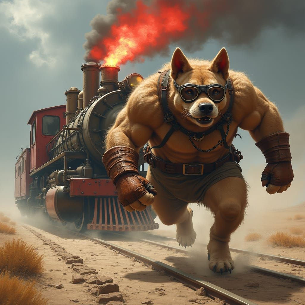 Rugged Dog Chases Futuristic Steam Train with Fierce Determi...