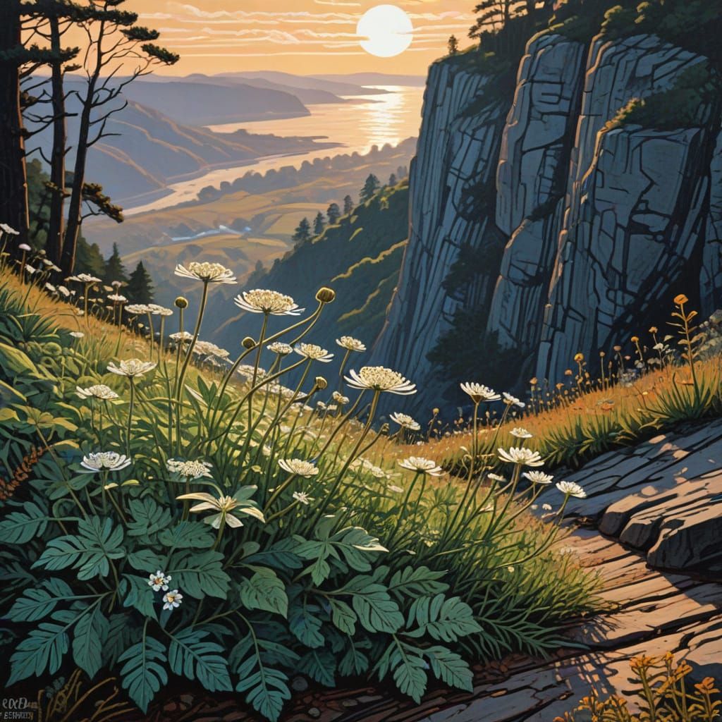 Whimsical Linocut of Vibrant Umbelliferous Plants on Cliffsi...