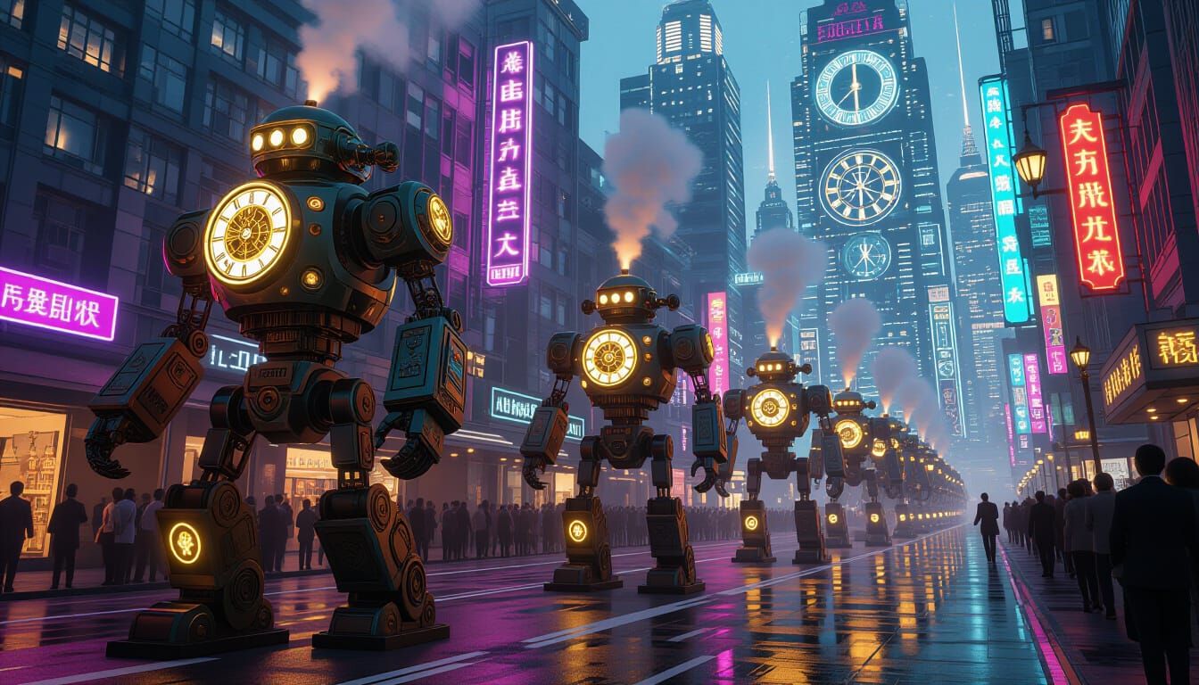 Chronos Festival Parade: Steam Automatons in Futuristic City