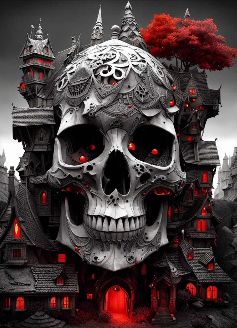 Gothic Village in Skull: Black and White Ink Drawing