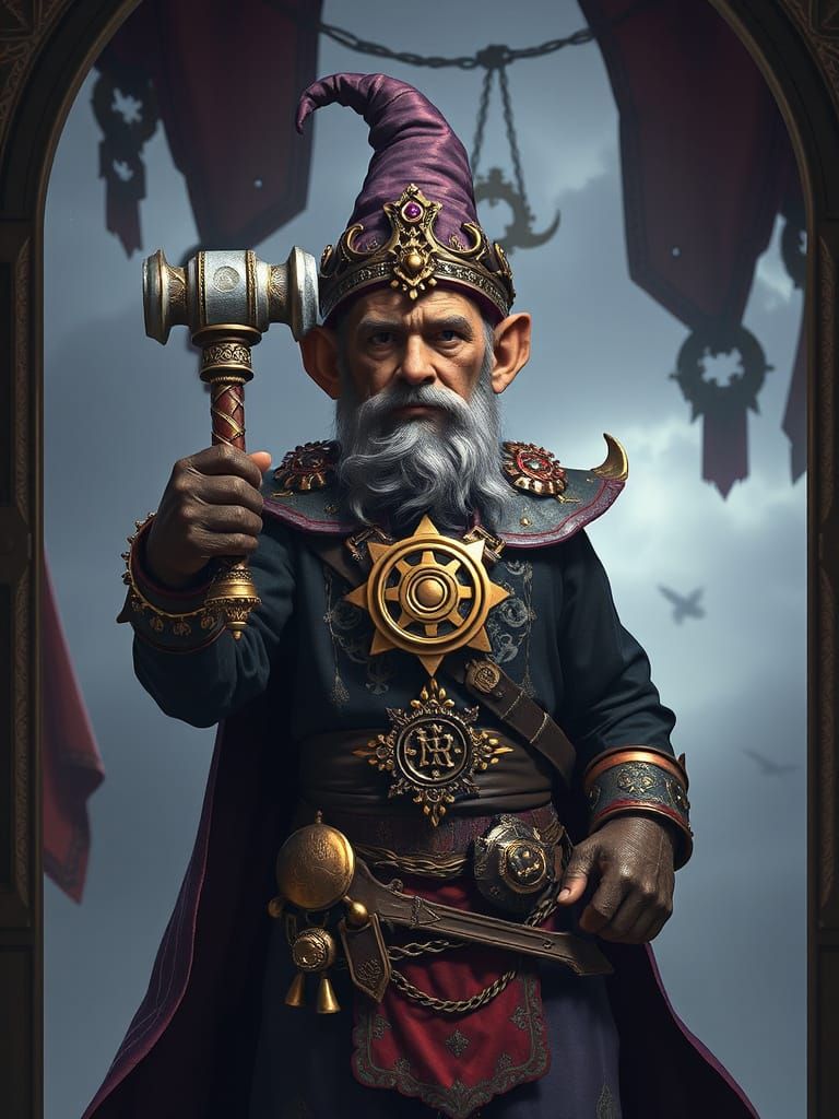 Gnome Priest Guards Airship Entrance in Dark Fantasy Style