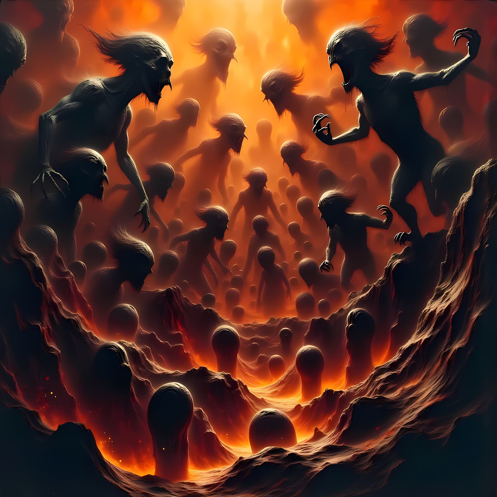 Aerial View of a Demon Army Emerging from Fire Pits