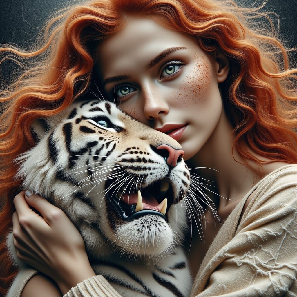 Woman and White Tiger Portrait in Hyperrealism Style