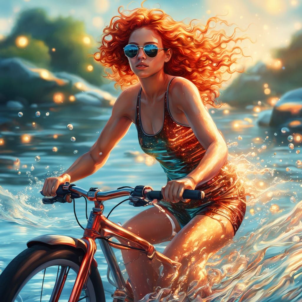 Woman with Red Hair on Floating Bike: Digital Art