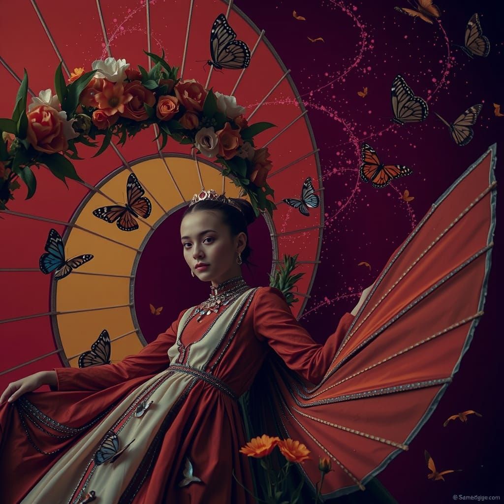 Radiant Woman in Citrus Light Gown with Butterflies