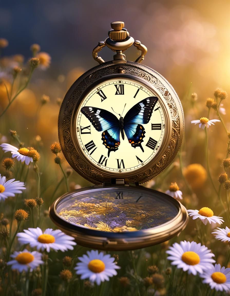 Butterfly on Steampunk Watch in Wildflower Field