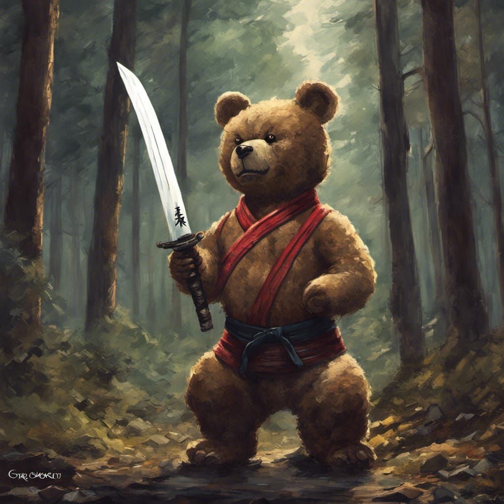 Teddy Bear Warrior in Forest, Sinister Digital Art