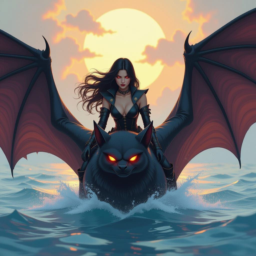 Woman Rides Giant Bat in Watercolor Style