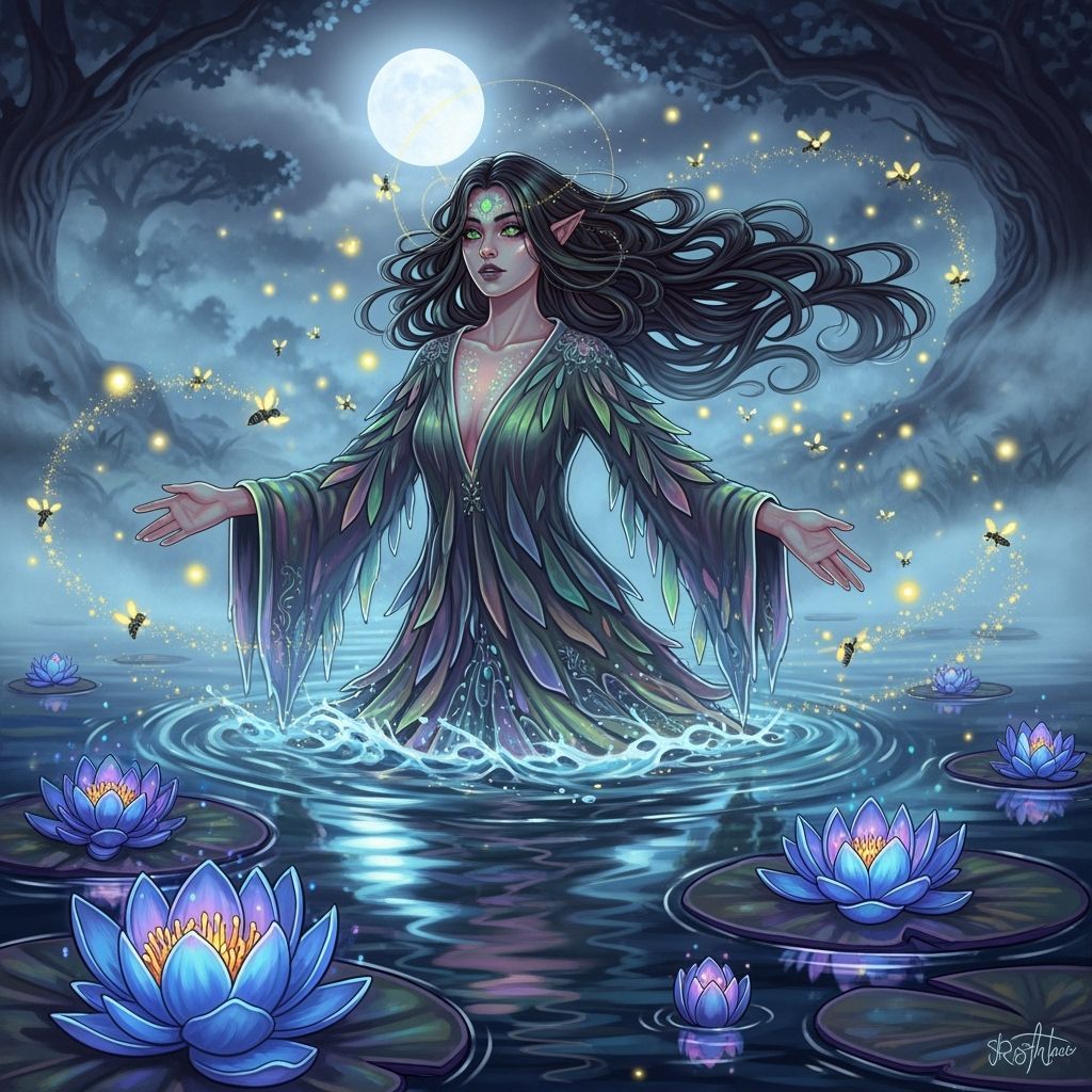 Ethereal River Witch Emerging Under Full Moon