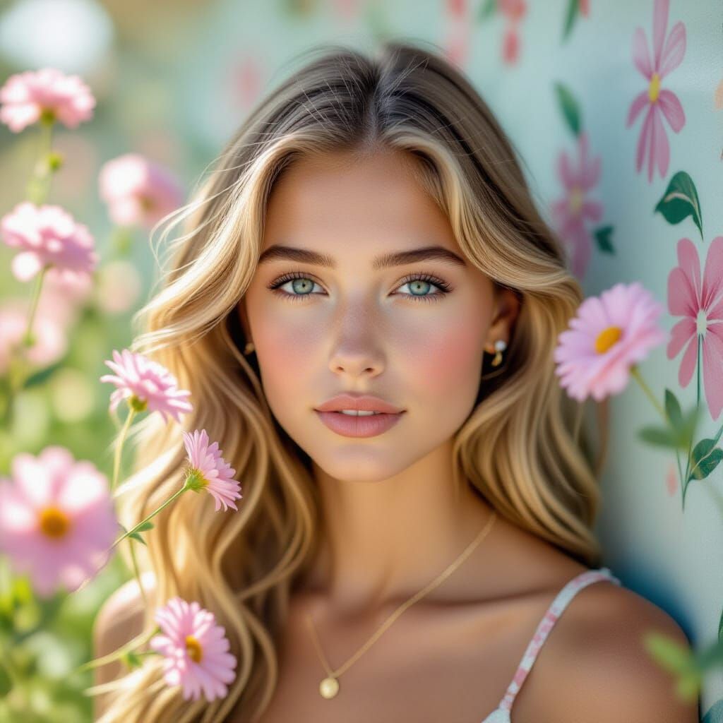 Blond Girl with Wildflowers: Hyperrealistic Portrait