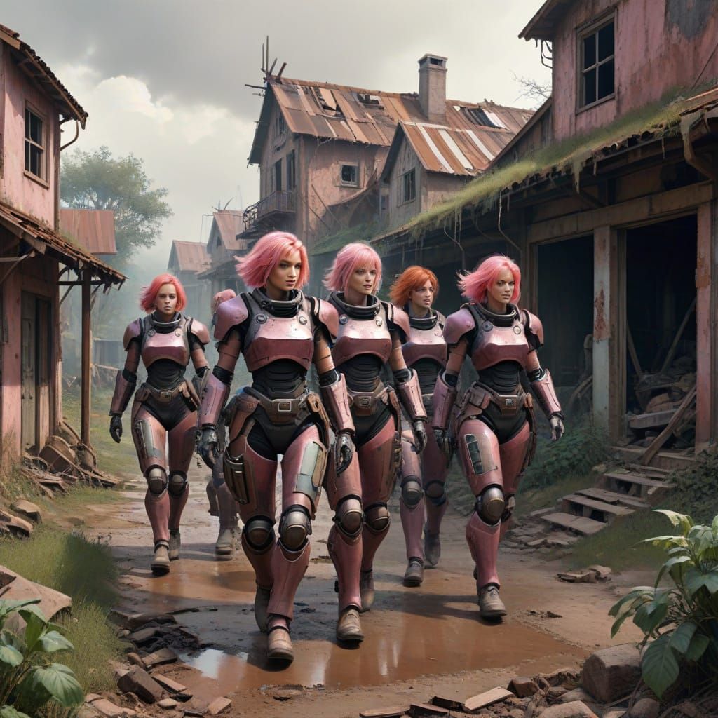 Pink-Haired Squad in Power Armor, Vintage Sci-Fi