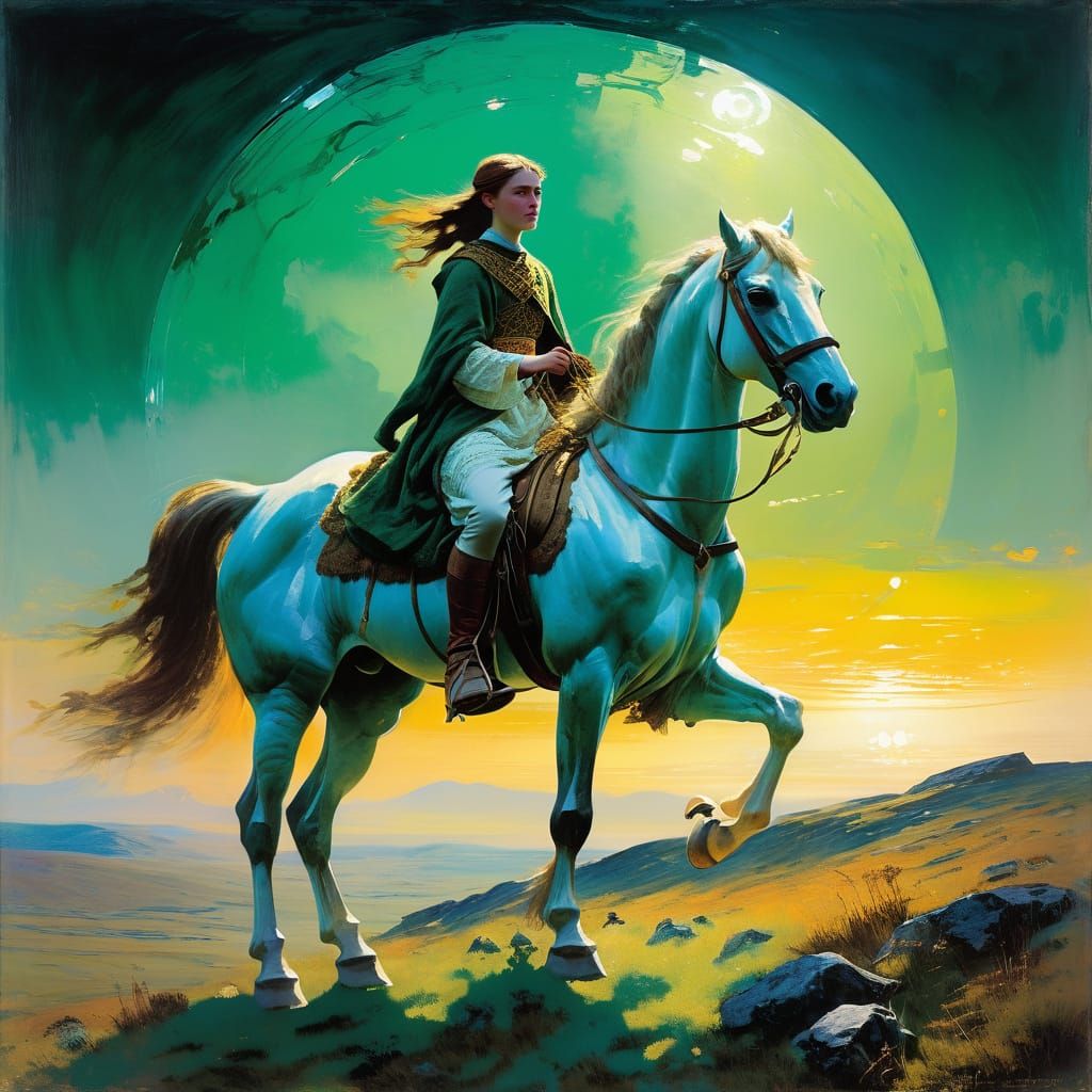 Celtic Princess Rides Horse Through Dreamlike Scottish Moorl...