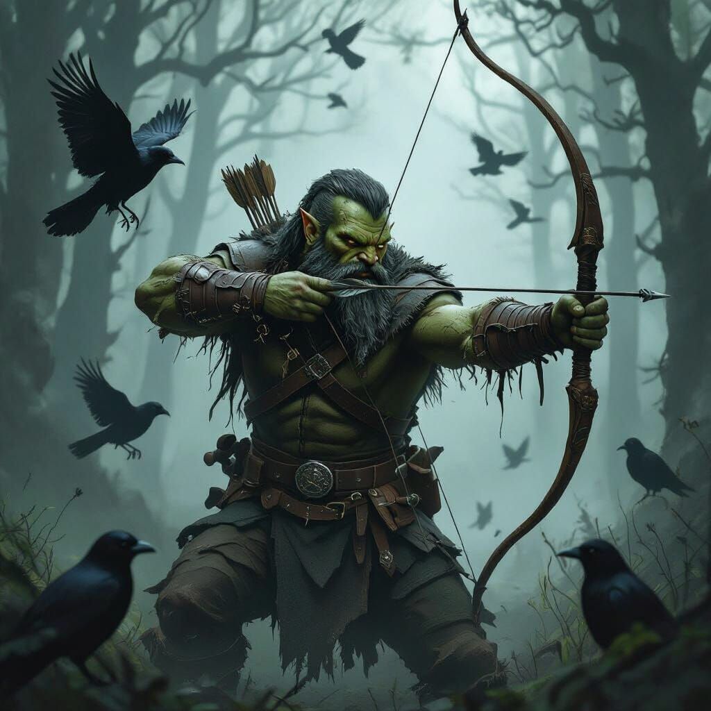 Orc Hunter in Misty Forest, Gritty Realism Style