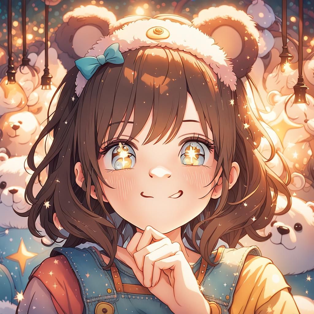 Anime Girl Portrait with Bear Headband in Pastel Colors