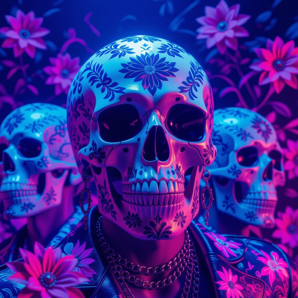 Vibrant K-Pop Skulls with Neon Florals in Digital Painting S...