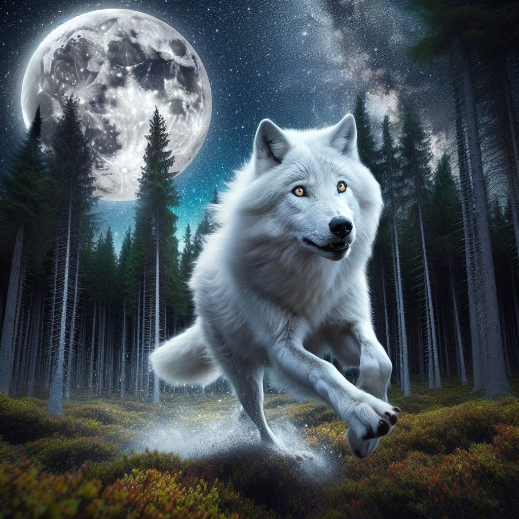 Full Moon Eclipses Forest in the Presence of a Radiant Wolf