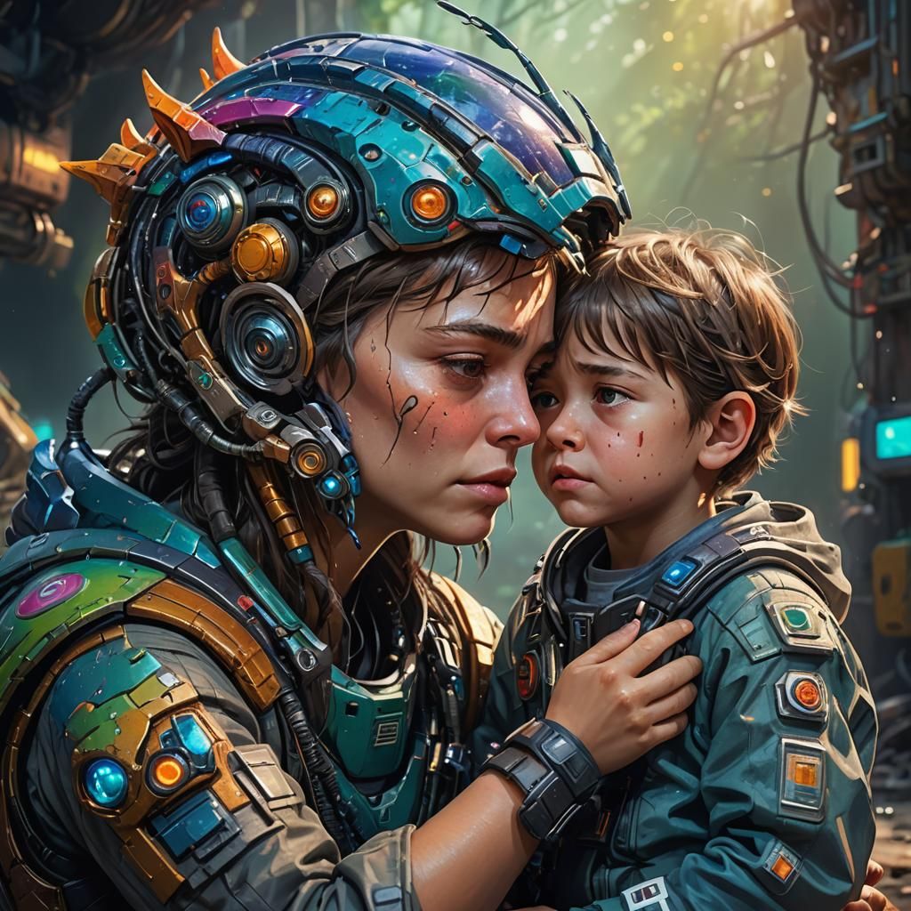 sci fi creature comforting a child crying