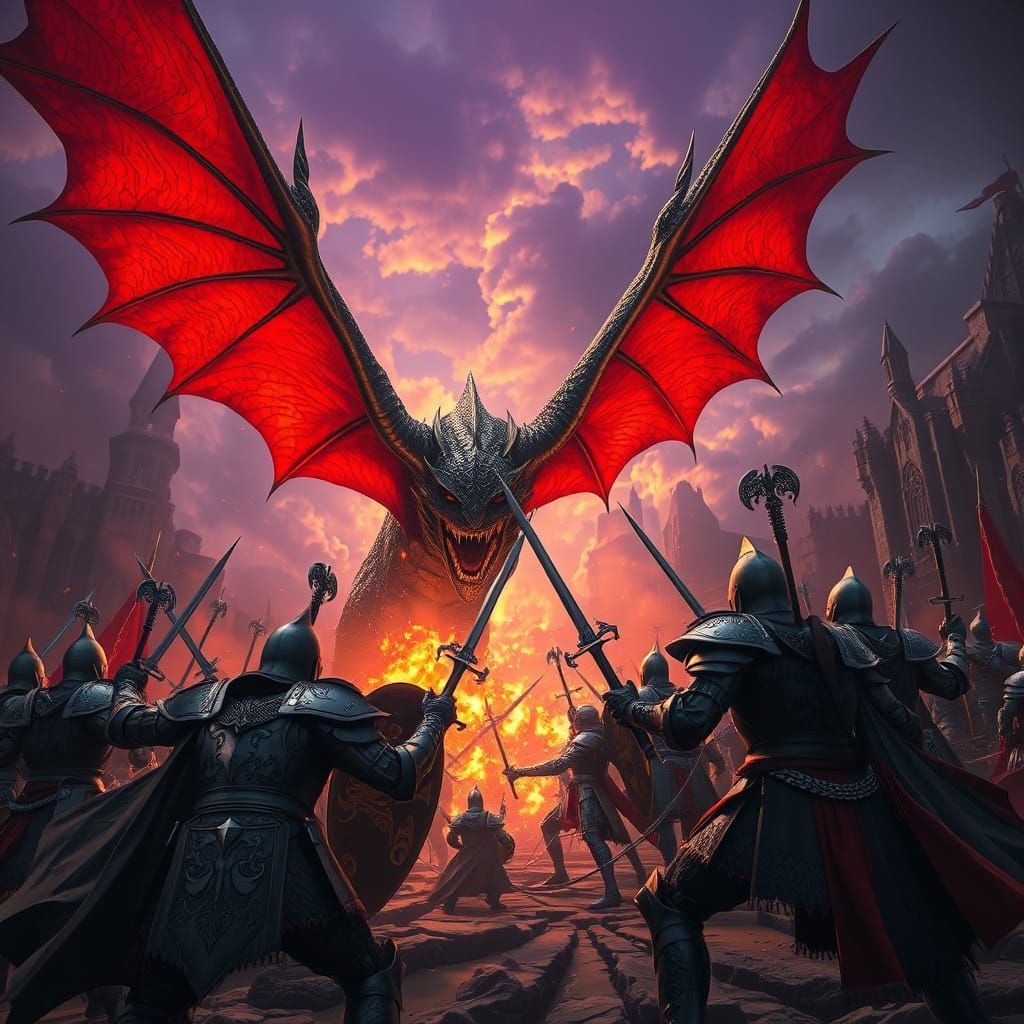 Red Winged Wyvern Over Fantasy Battle
