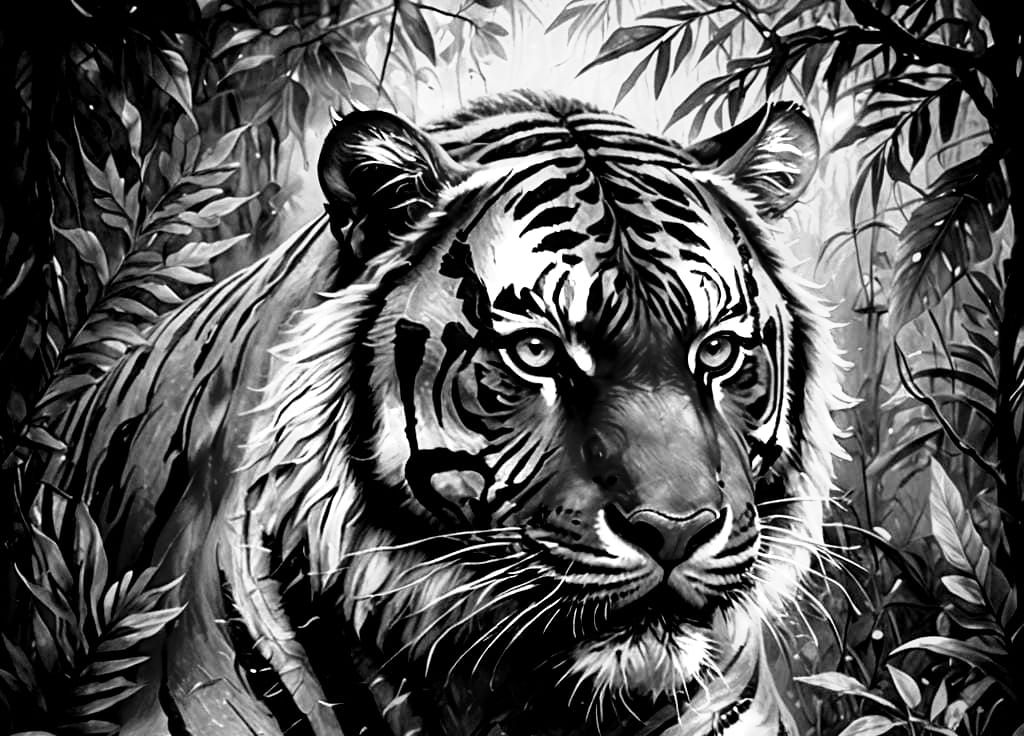 Bioluminescent Tiger in Magical Jungle, Hyperrealistic Detai...