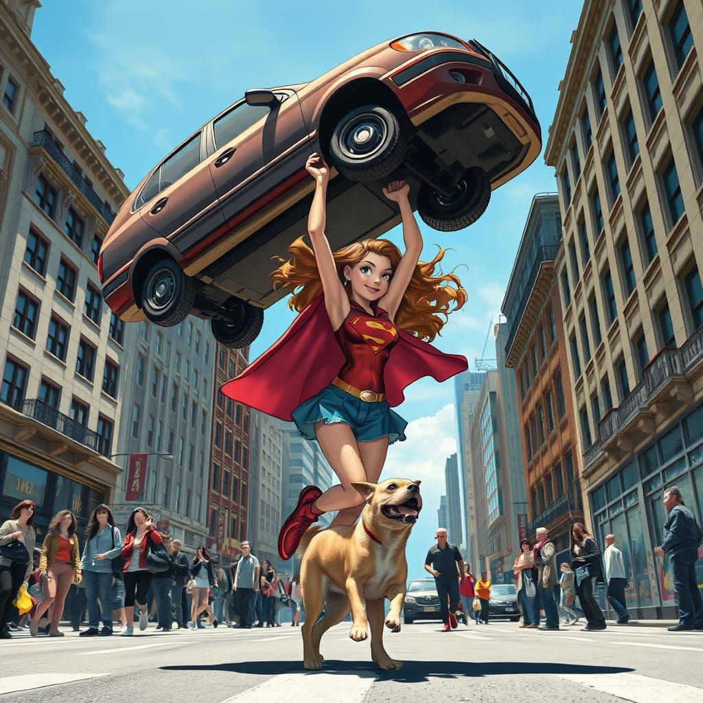 Super Girl Rescues Dog in City, Photo-Realistic Style