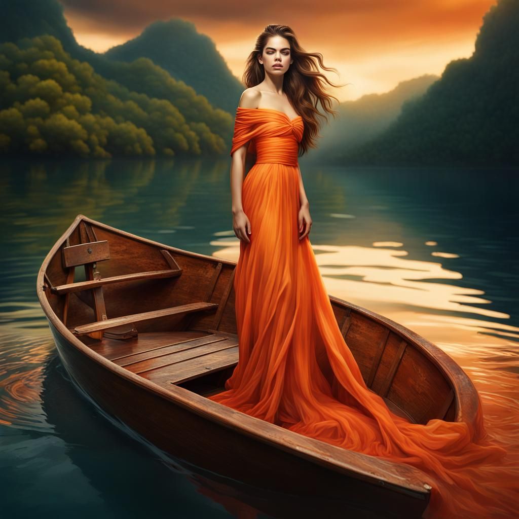 Barbara Palvin in Orange Dress on Water