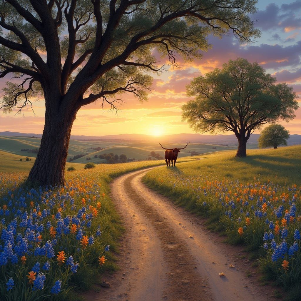 Rustic Country Road Landscape with Oak and Pecan Trees and W...