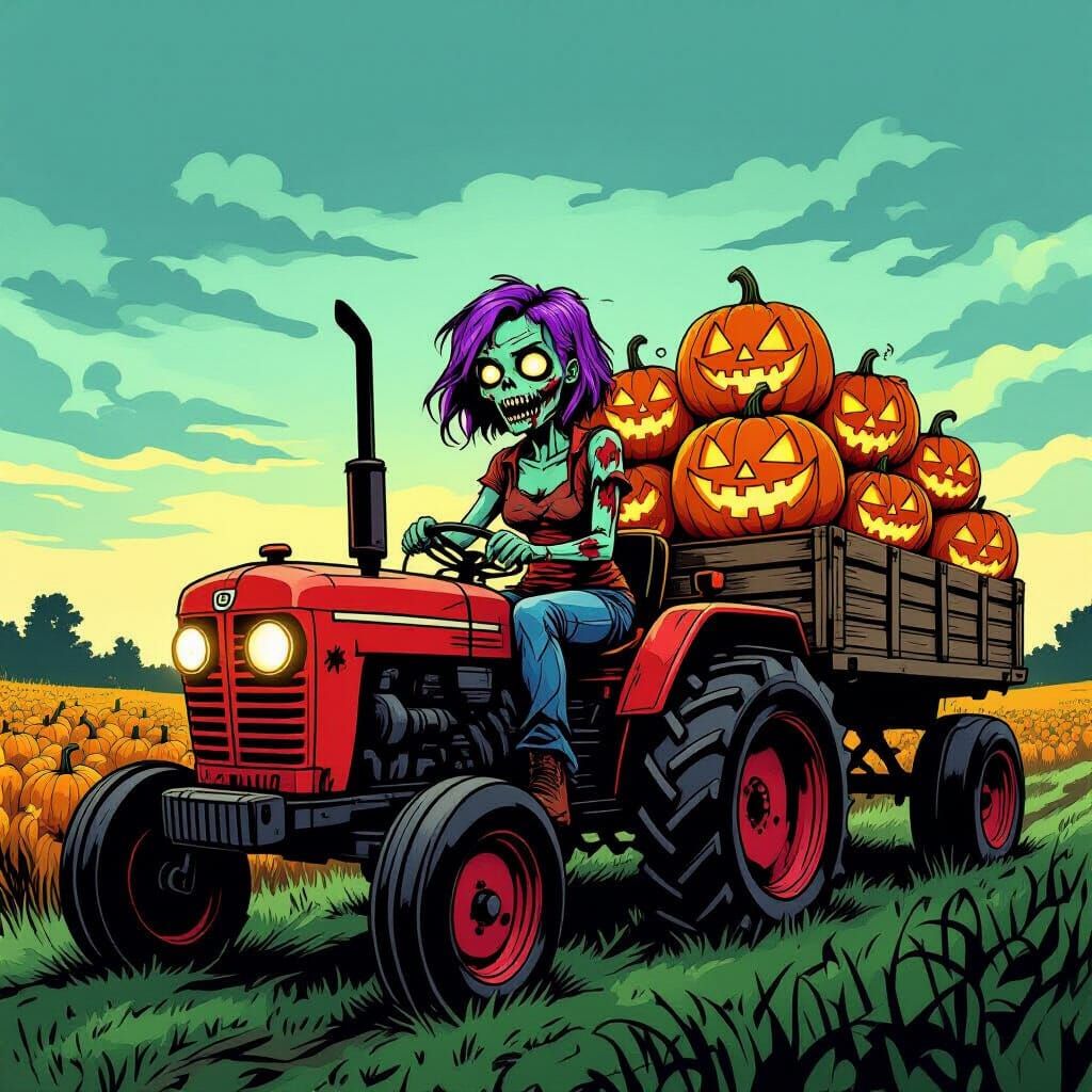 Zombie Farmer Rides Tractor with Pumpkin Harvest