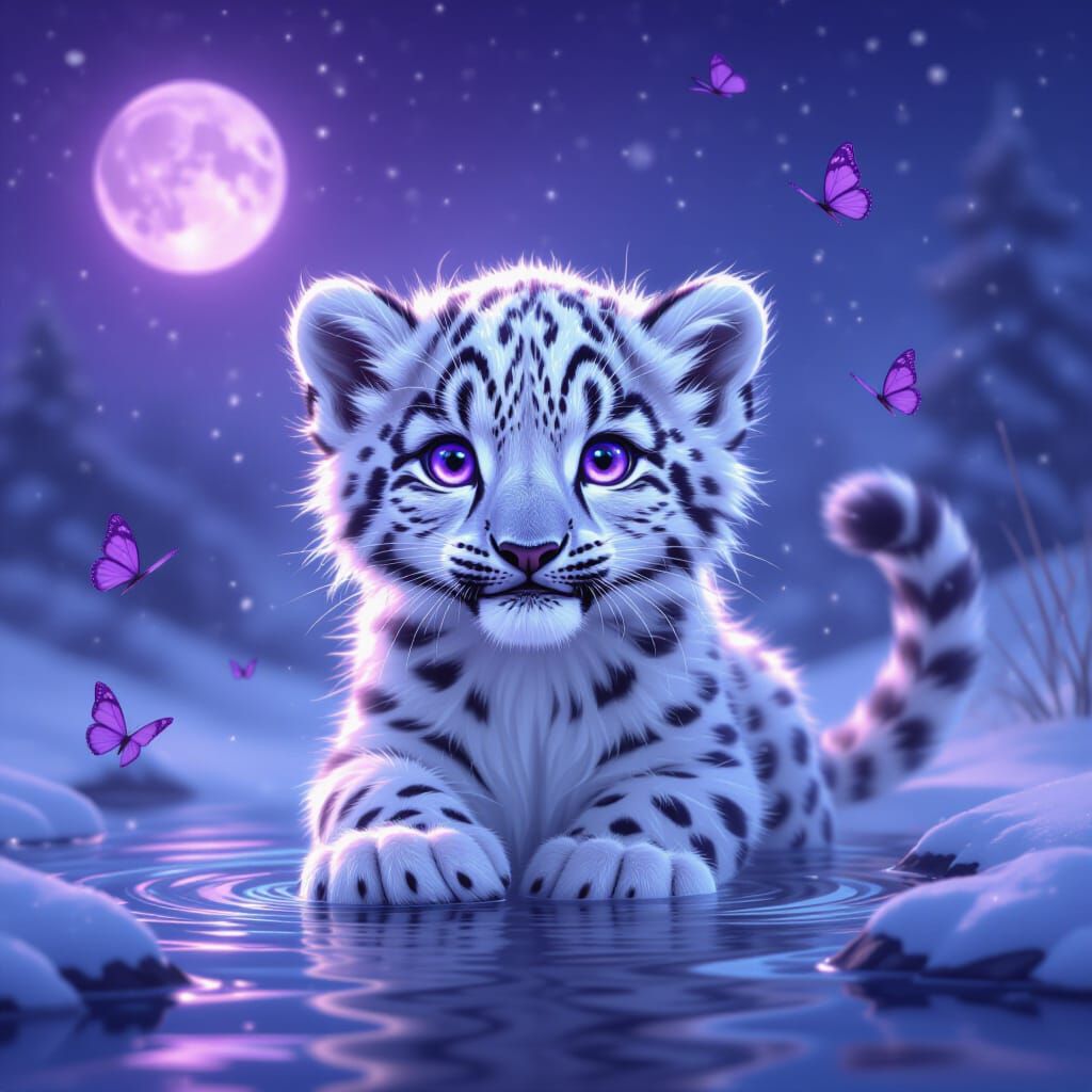 Adorable Snow Leopard Cub in Magical Moonlit Water