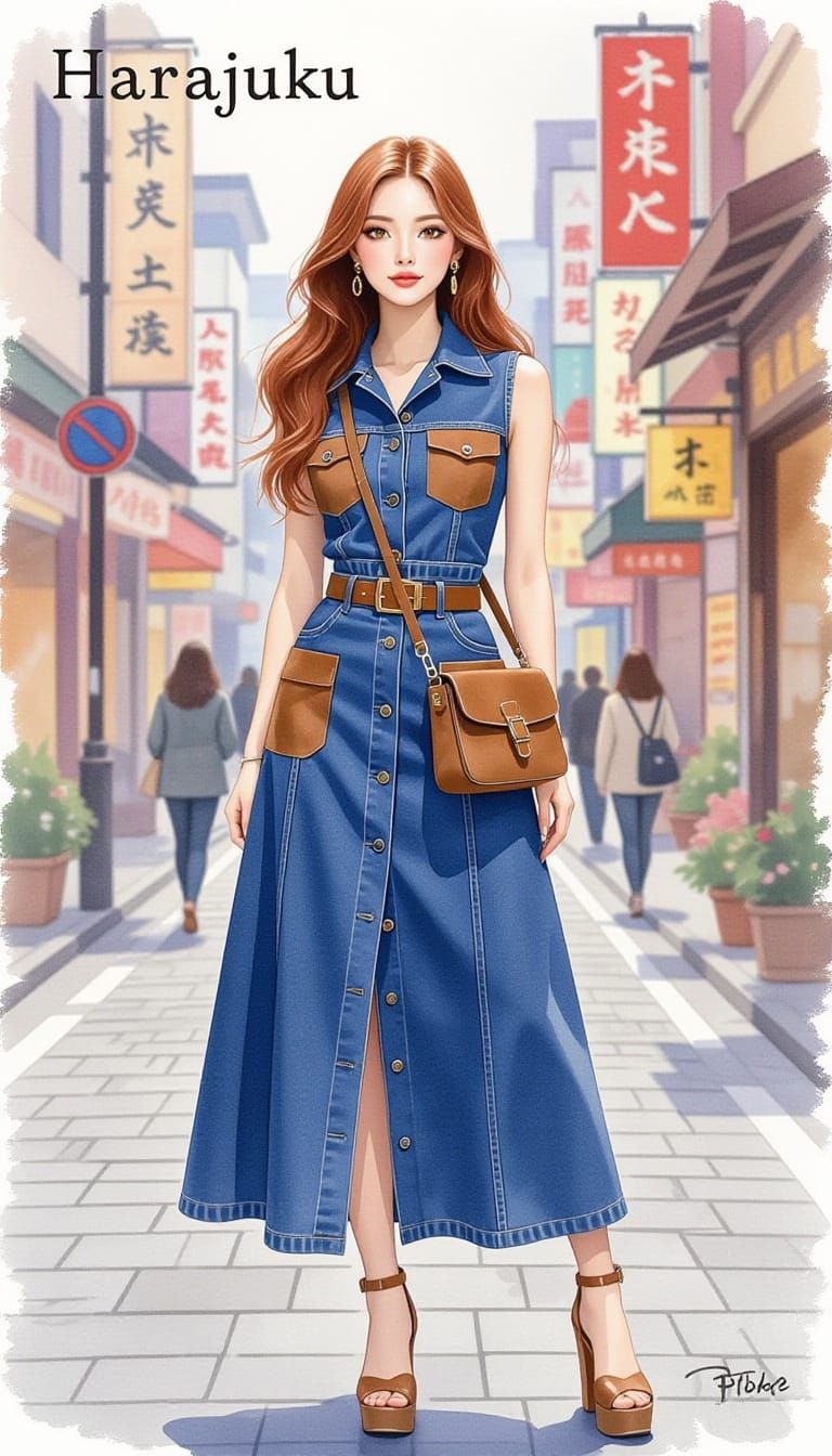 Japanese Model in Denim Maxi-Skirt on Harajuku Street in Wat...