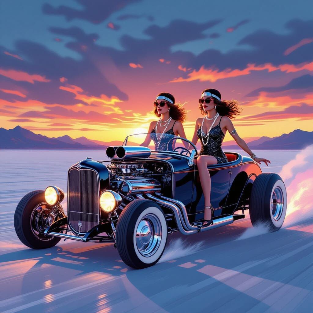 Flapper Girls Race Futuristic Hot Rod at Sunset