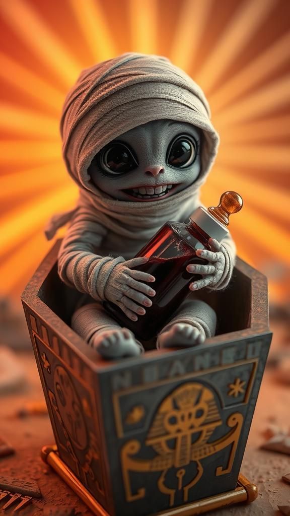Mummy Creature with Baby Bottle in Pharaoh Coffin