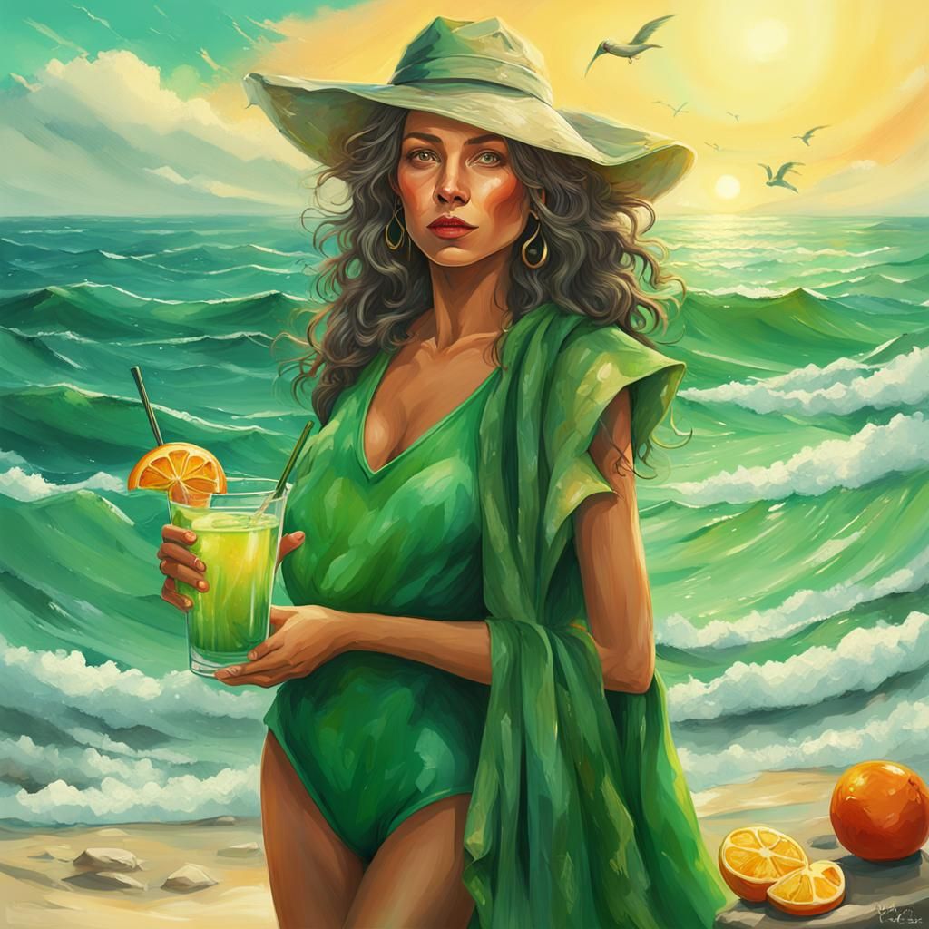 Green Witch Enjoying Cocktail on the Beach