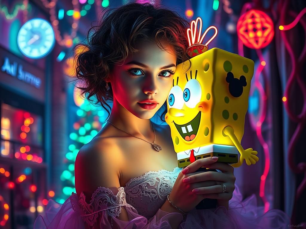 Vibrant Goth Girl in Neon Christmas Dreamscape