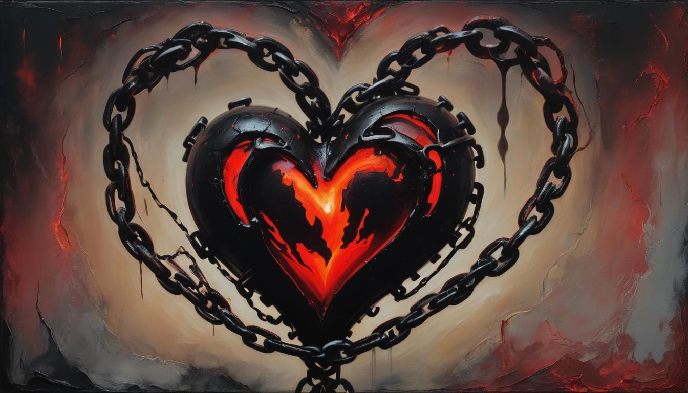 Chained Metallic Heart in Surreal Impasto Horror Art