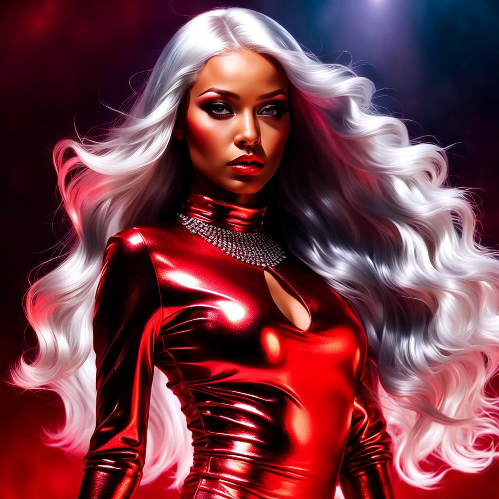 "Hot Red Curvy Body Silver Skin Sheer Disco Queen Shiny Vibrant Hair."