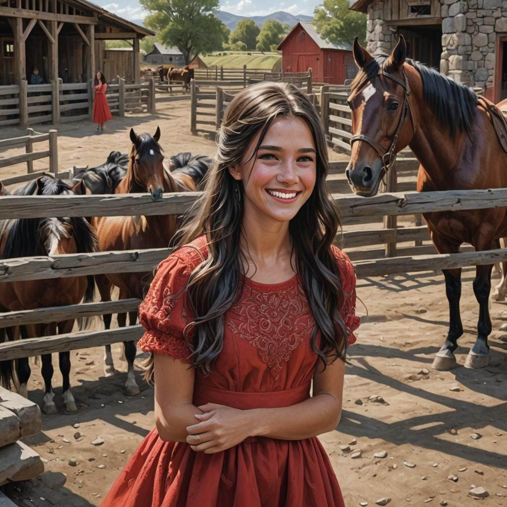 Smiling Girl in Red Dress Before Horse Corral