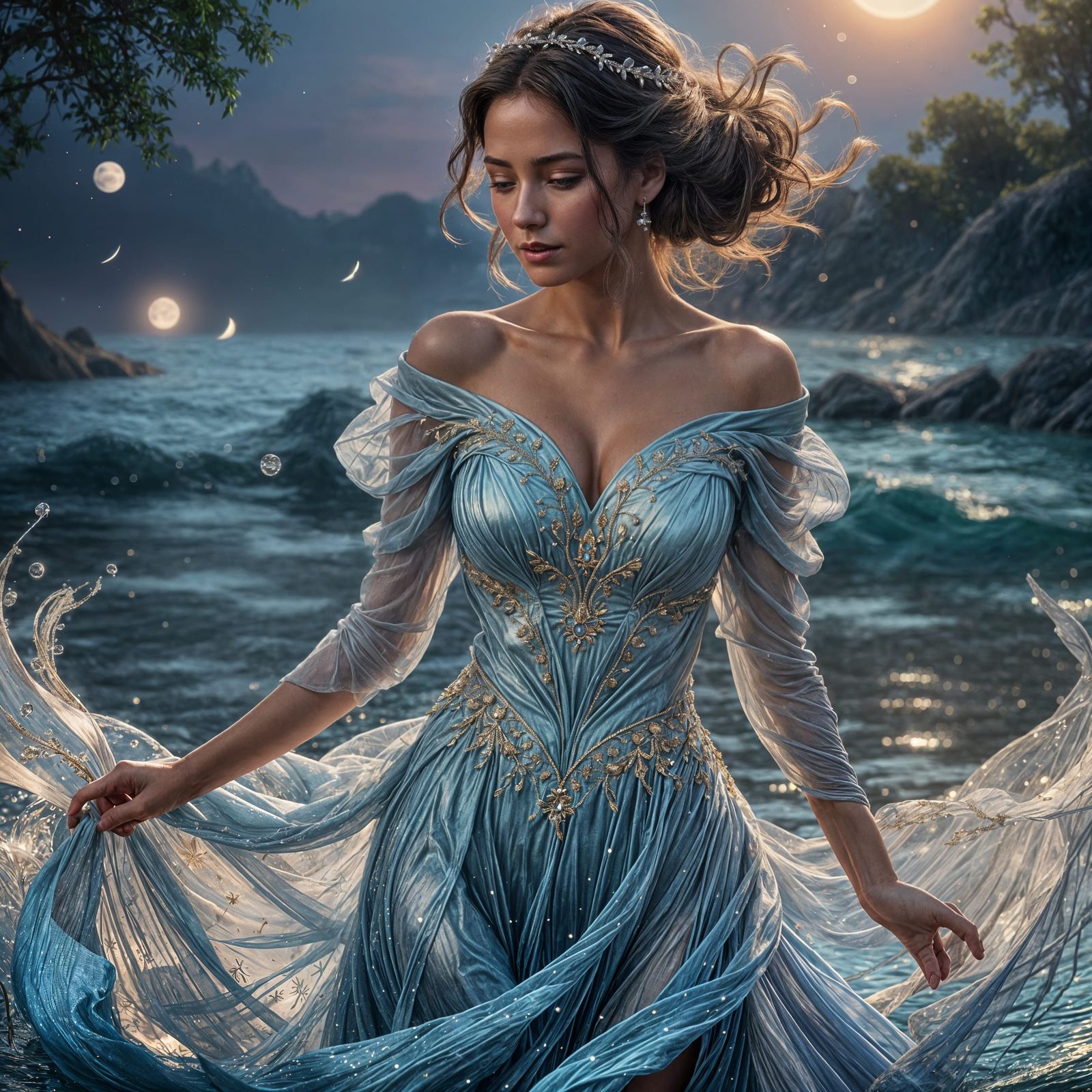 Brunette Dancing on Water in Moonlight: Fantasy Art
