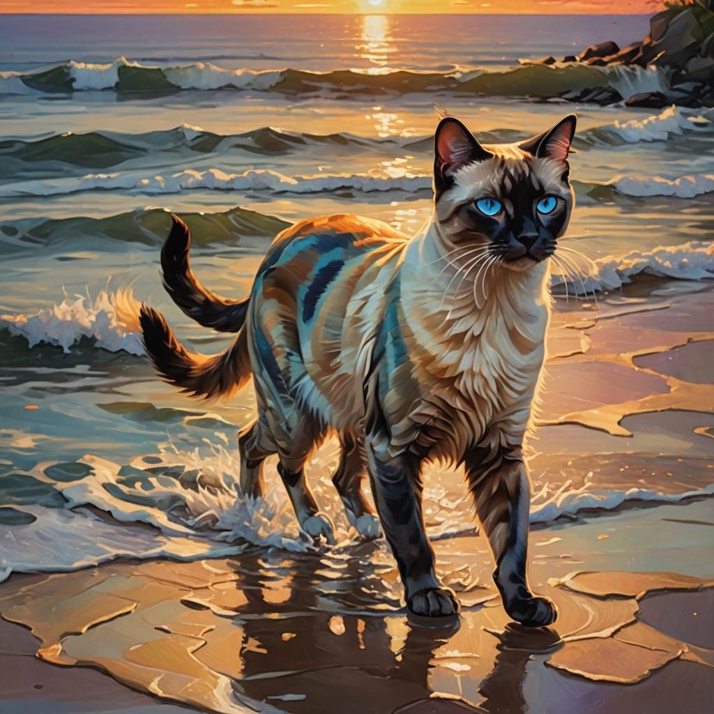Siamese Cat Walks on Sunset Ocean as Oil Painting