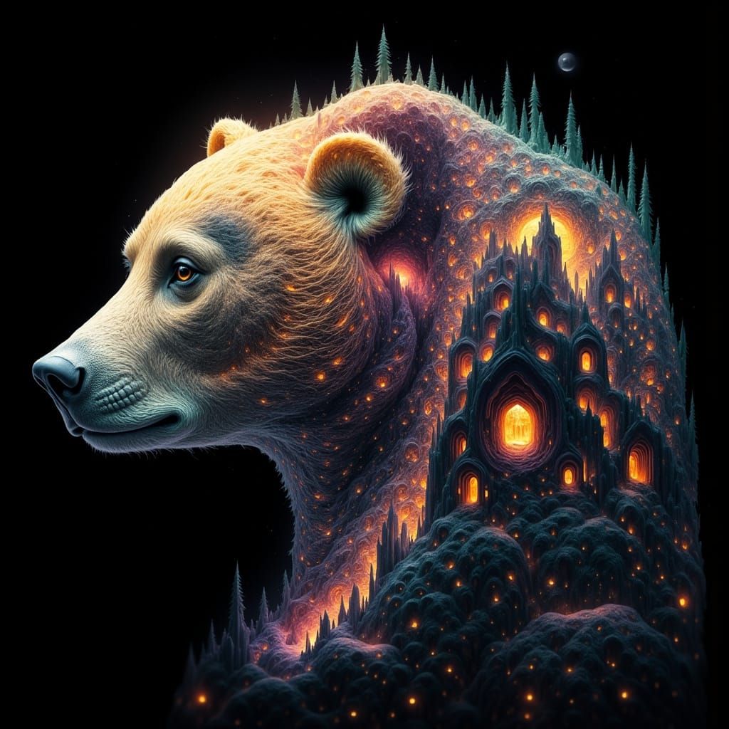 Bioluminescent Bear with Cthulhu Silhouette in Pointillism