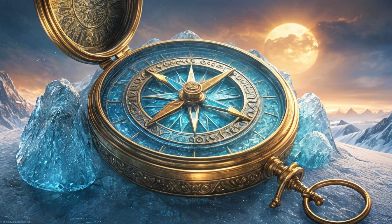 Golden Compass in Frozen Mystical Landscape: Fantasy Art
