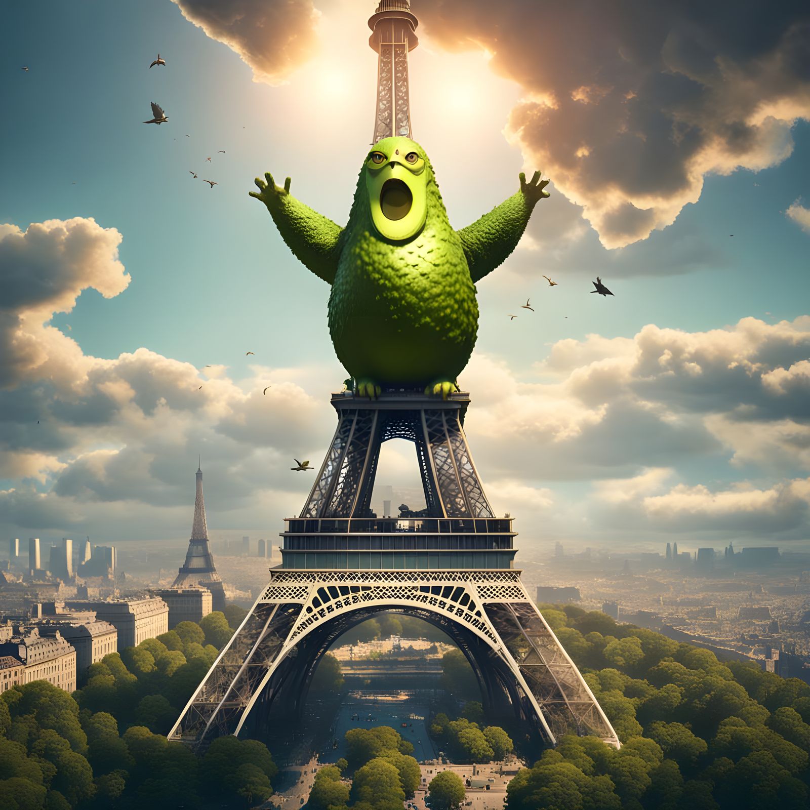 Giant Avocado Atop Eiffel Tower: Detailed Matte Painting