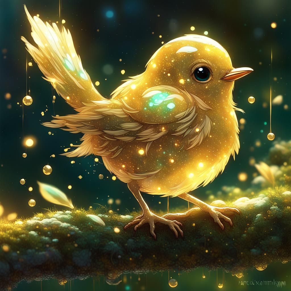 Golden Chibi Bird in Enchanted Garden