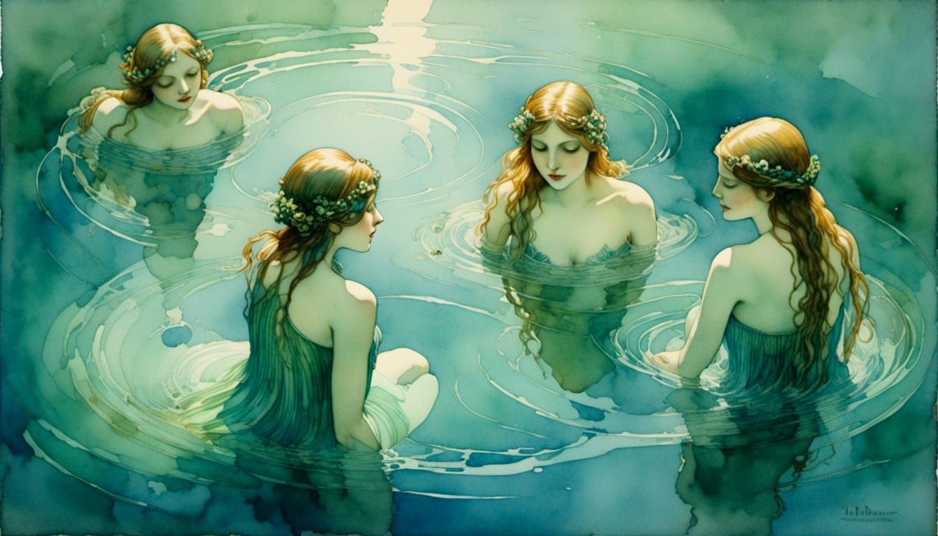 Bioluminescent Nymphs in Watercolor Style