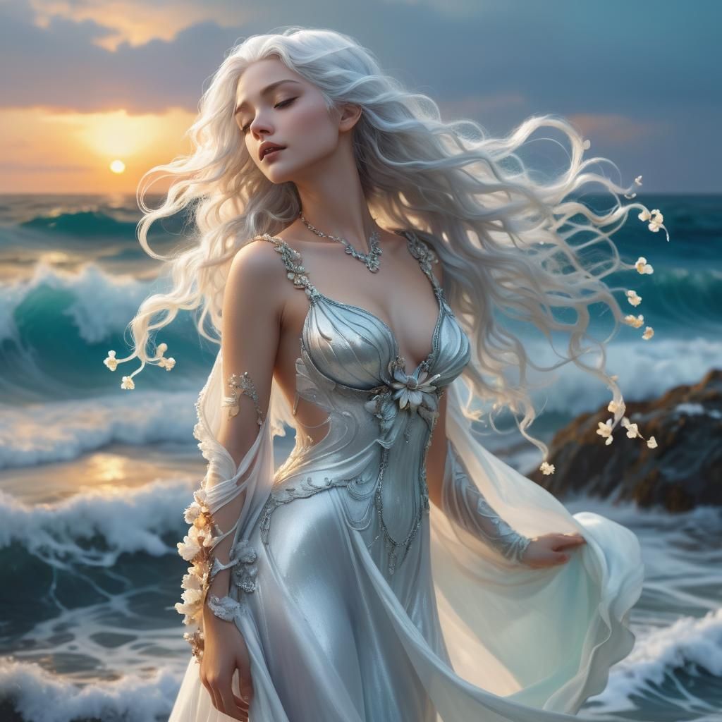 Silver-Haired Siren Singing at Sunset: Fantasy Art