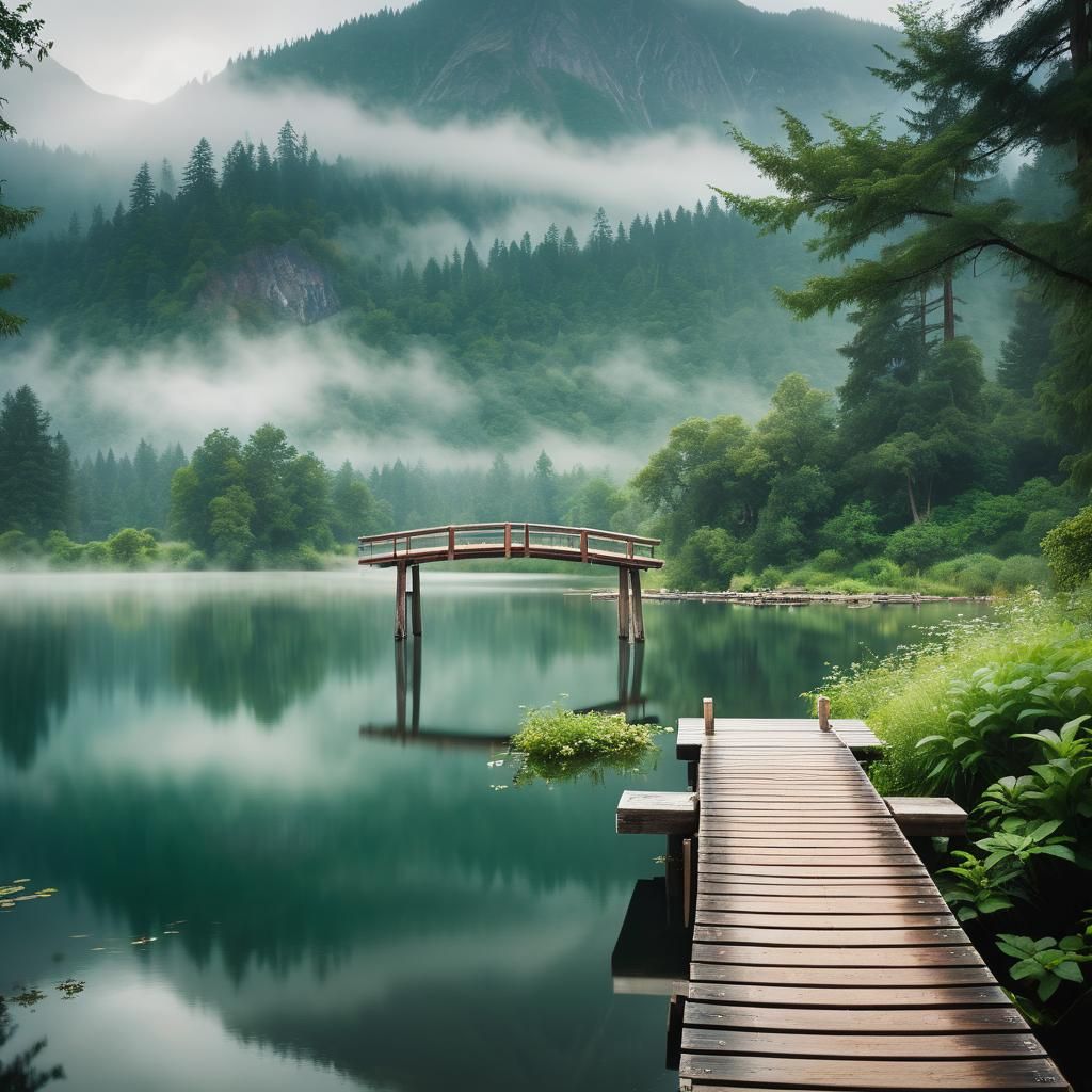 Serene Lake Landscape with Wooden Bridge