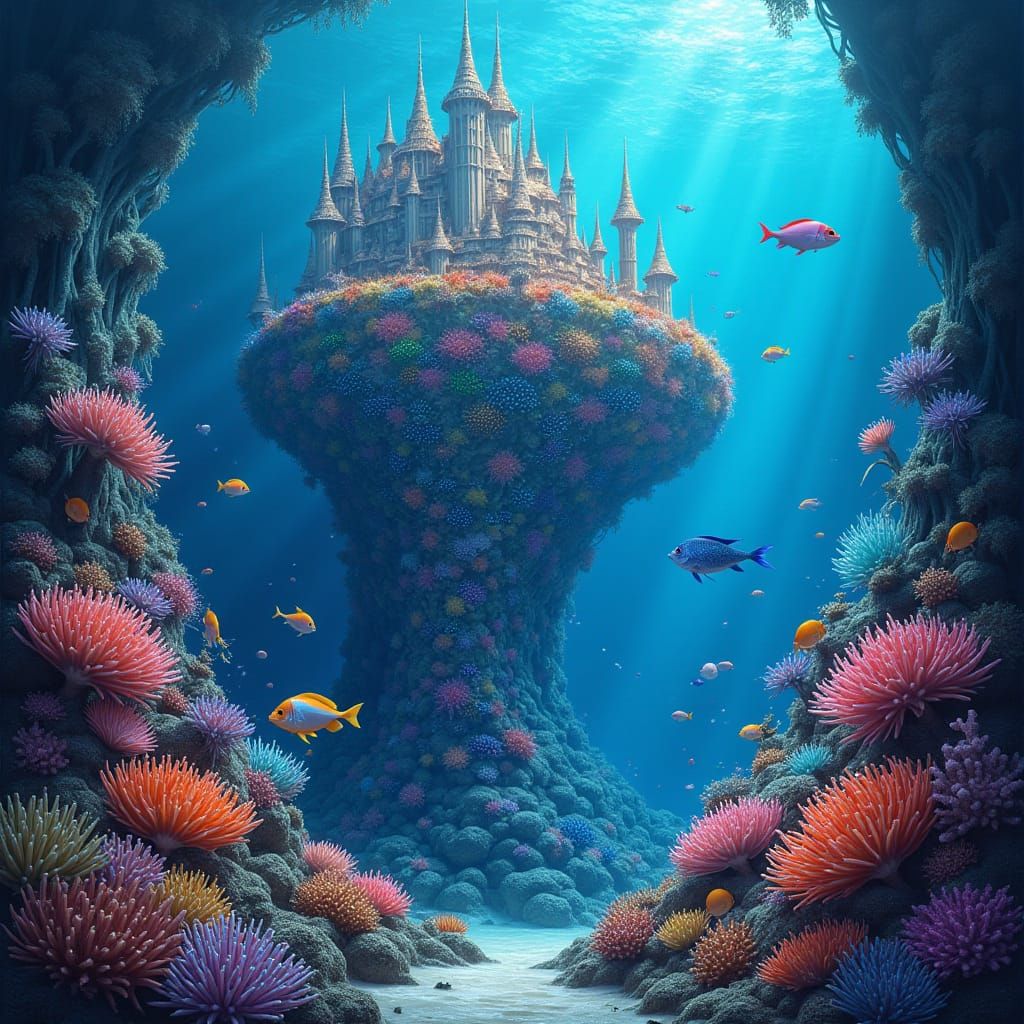 An underwater tableau paints an enchanting scene. Vivid coral reefs thrum with exotic marine life, with rainbow-colored ...