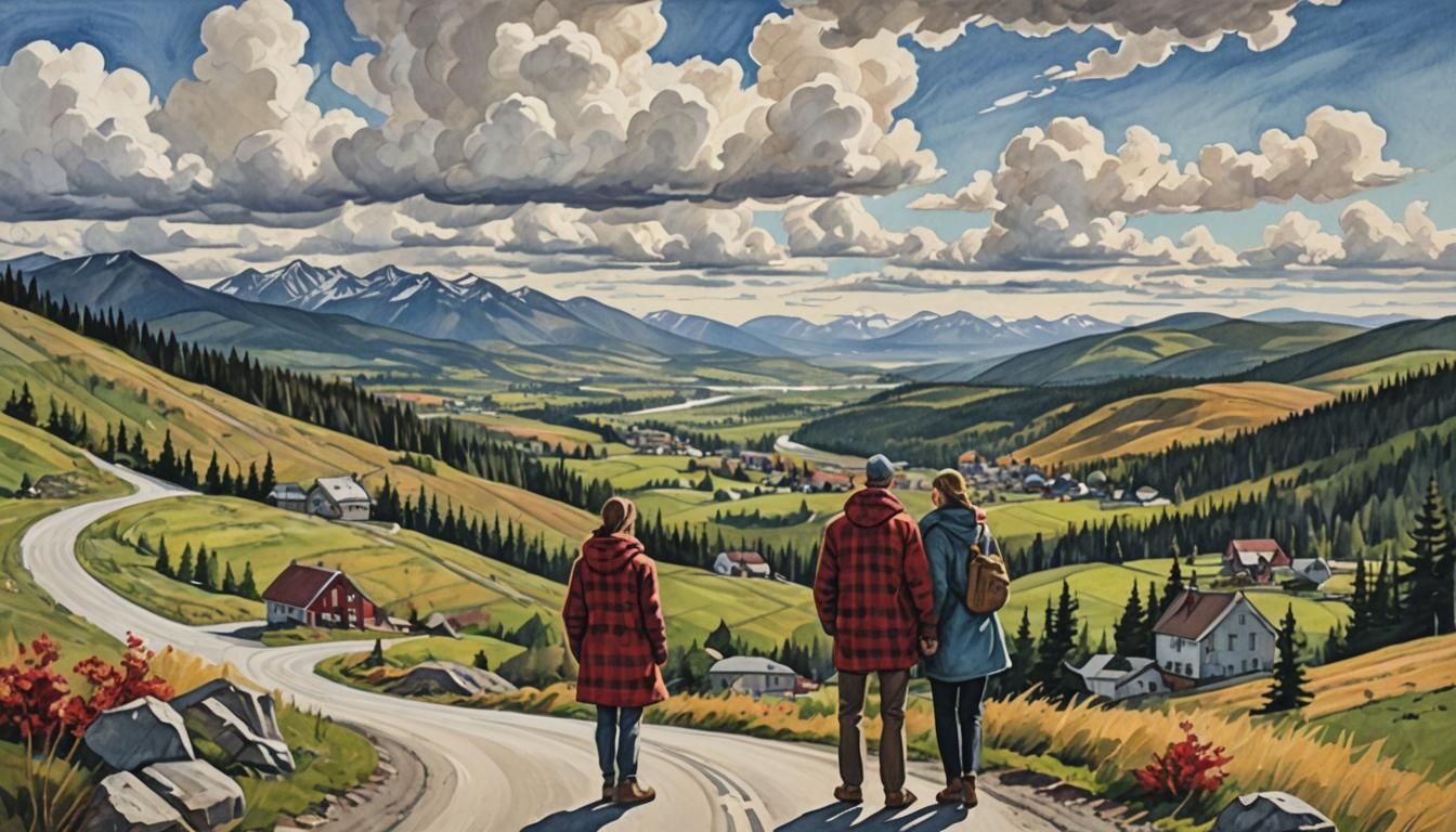Canadian Landscape with Couple in Gouache Watercolor Style