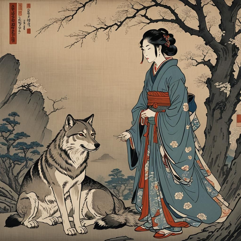 Ukiyo-e Woman Gazing at Wolf