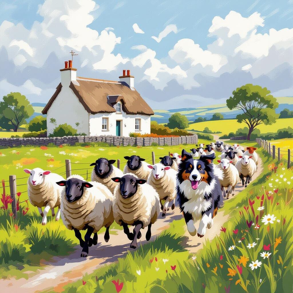 Sheep, Collie, and Irish Cottage in Spring