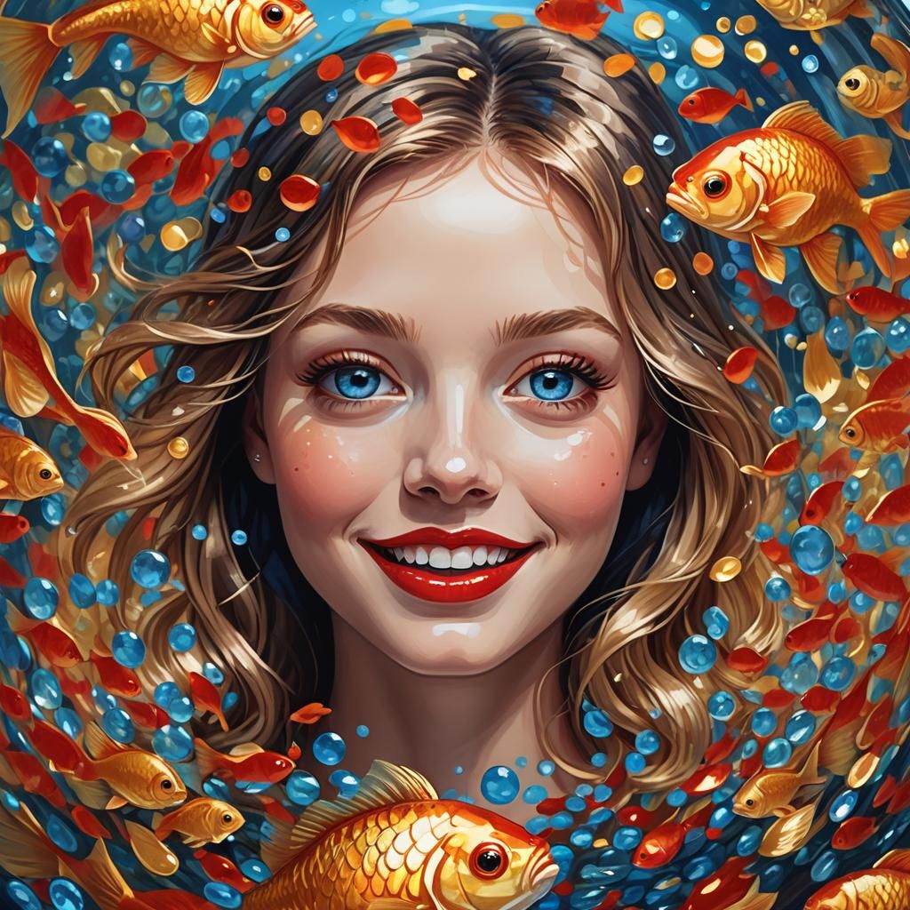 Smiling Goldfish Portrait in Macro Photography Style